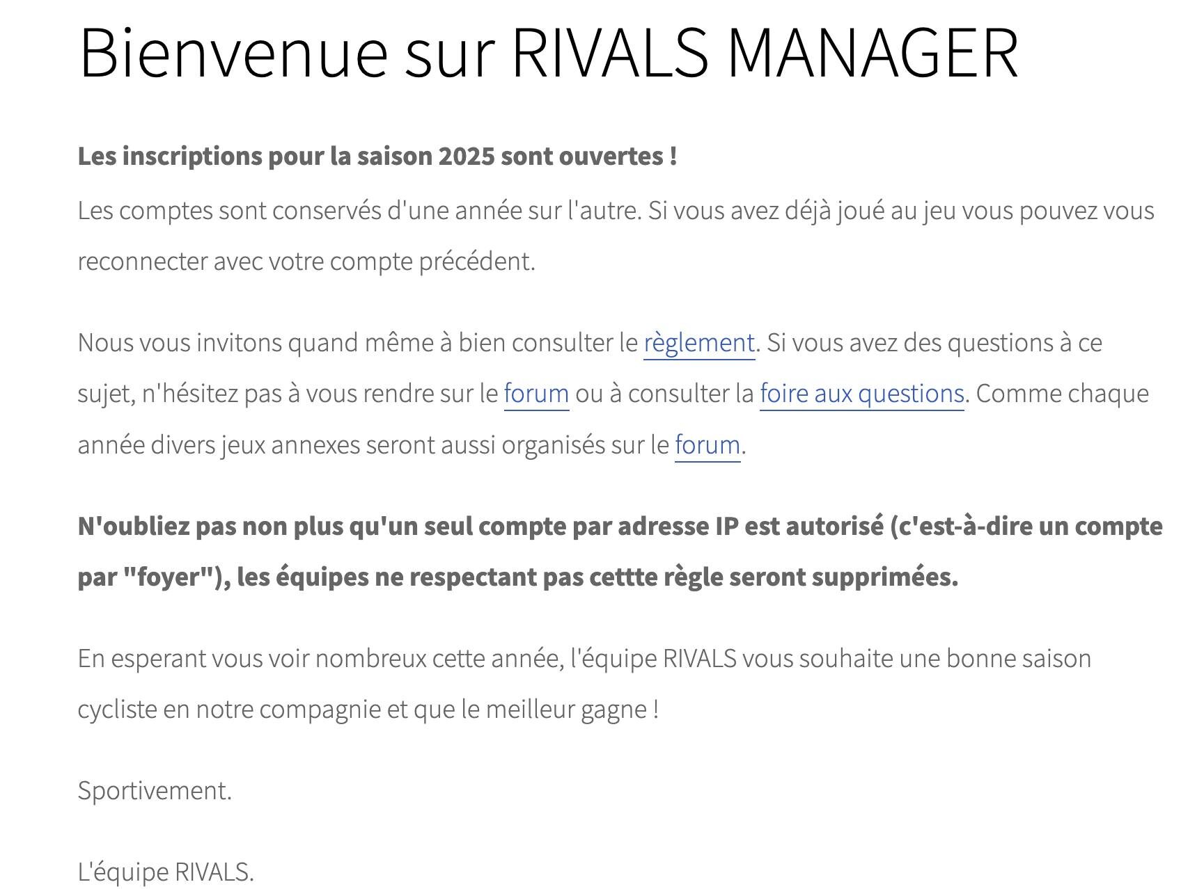 Les inscriptions pour la saison 2025 de Rivals Manager sont ouvertes.